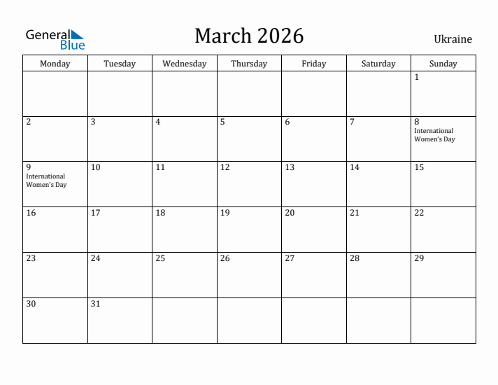 March 2026 Calendar Ukraine