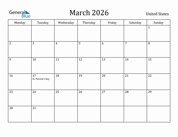 March 2026 United States Monthly Calendar with Holidays