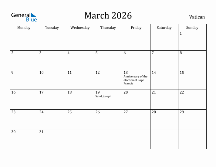 March 2026 Calendar Vatican