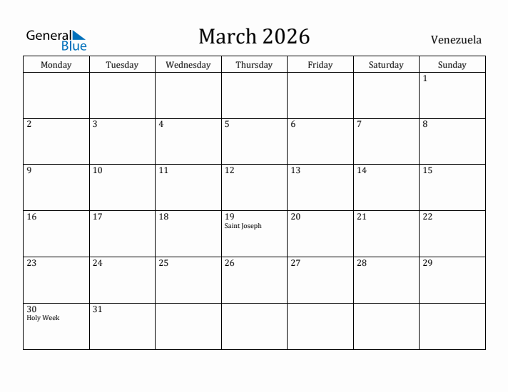 March 2026 Calendar Venezuela