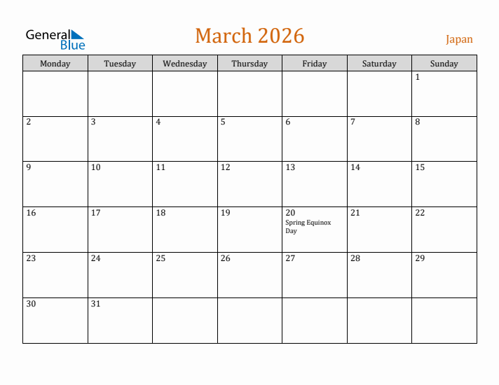 March 2026 Holiday Calendar with Monday Start