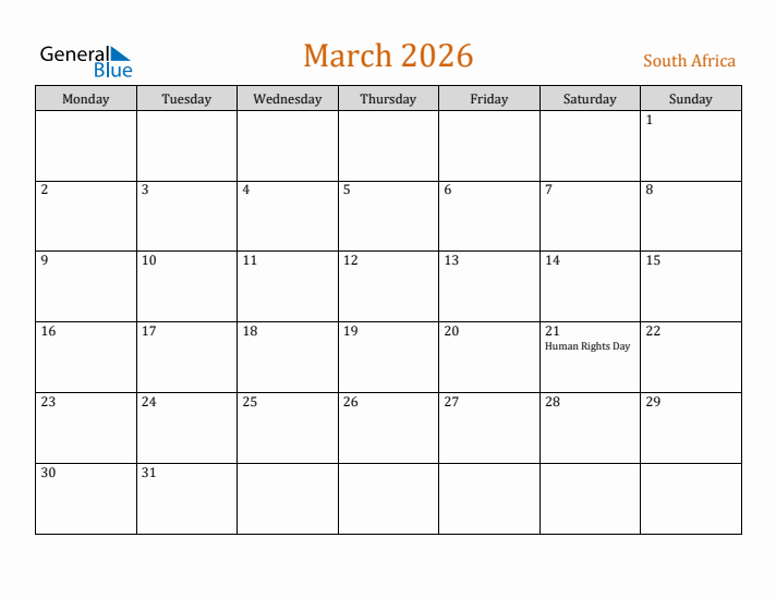 March 2026 Holiday Calendar with Monday Start