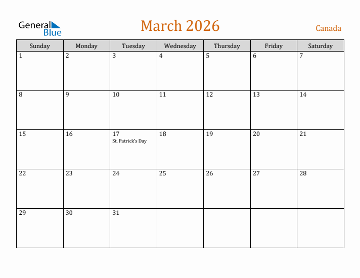 March 2026 Holiday Calendar with Sunday Start