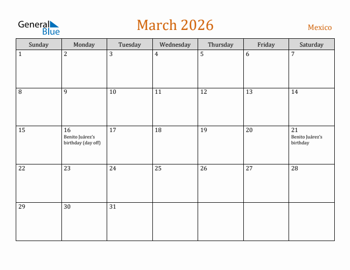 March 2026 Holiday Calendar with Sunday Start