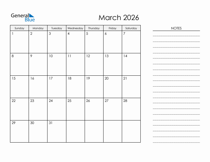 Printable Monthly Calendar with Notes - March 2026
