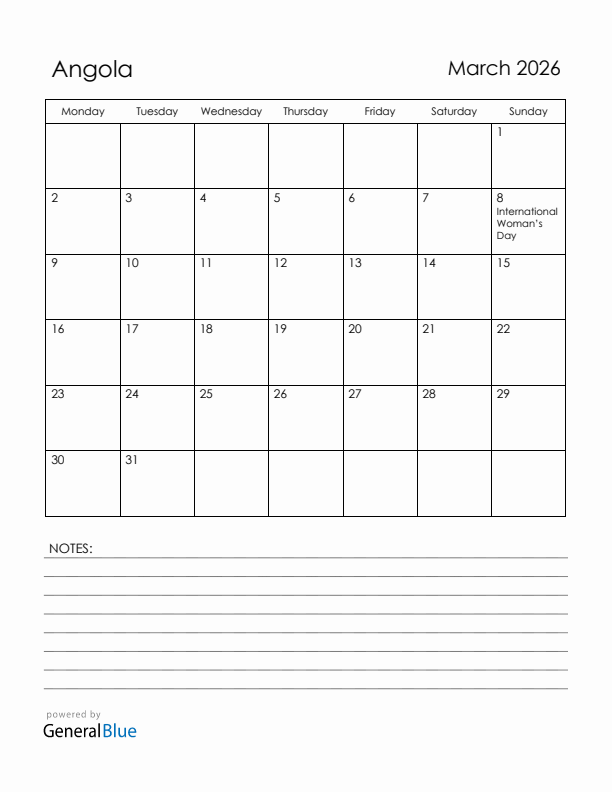 March 2026 Angola Calendar with Holidays (Monday Start)
