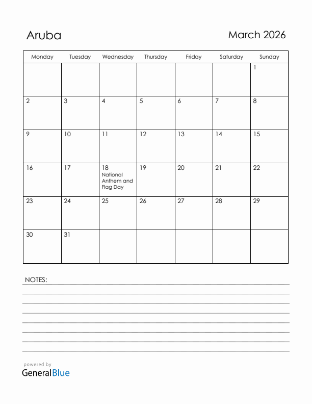 March 2026 Aruba Calendar with Holidays (Monday Start)