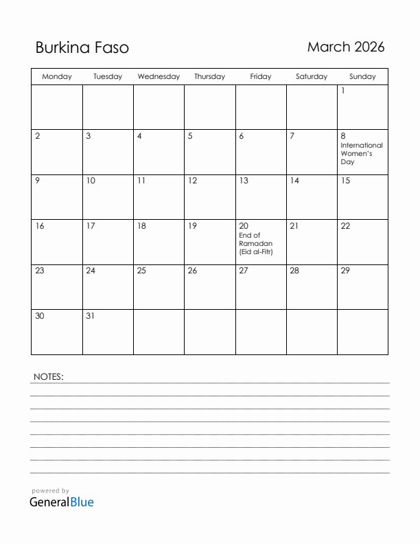 March 2026 Burkina Faso Calendar with Holidays (Monday Start)