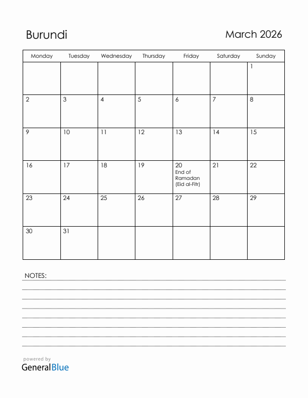 March 2026 Burundi Calendar with Holidays (Monday Start)
