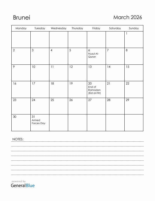 March 2026 Brunei Calendar with Holidays (Monday Start)