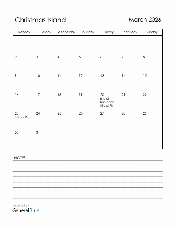 March 2026 Christmas Island Calendar with Holidays (Monday Start)