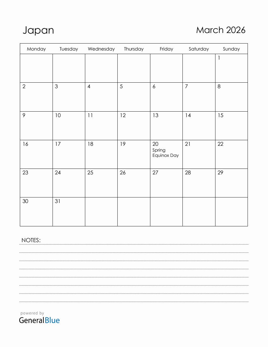 March 2026 Japan Calendar with Holidays