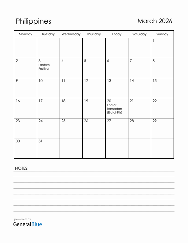 March 2026 Philippines Calendar with Holidays (Monday Start)