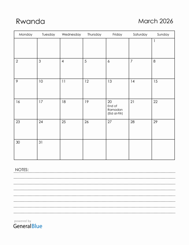 March 2026 Rwanda Calendar with Holidays (Monday Start)
