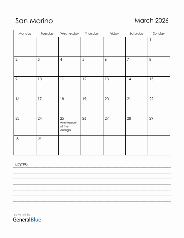 March 2026 San Marino Calendar with Holidays (Monday Start)
