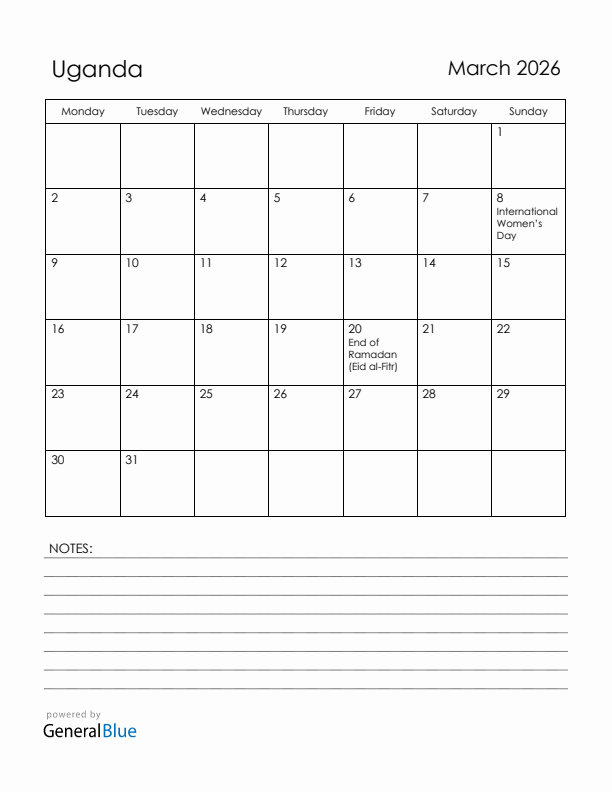 March 2026 Uganda Calendar with Holidays (Monday Start)