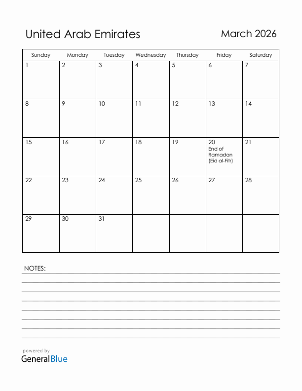 March 2026 United Arab Emirates Calendar with Holidays (Sunday Start)