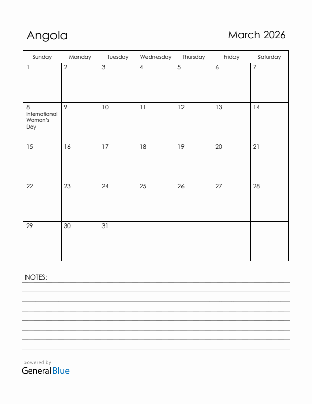 March 2026 Angola Calendar with Holidays (Sunday Start)
