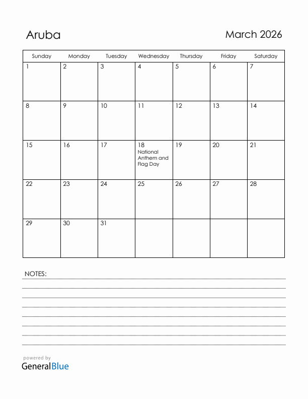 March 2026 Aruba Calendar with Holidays (Sunday Start)