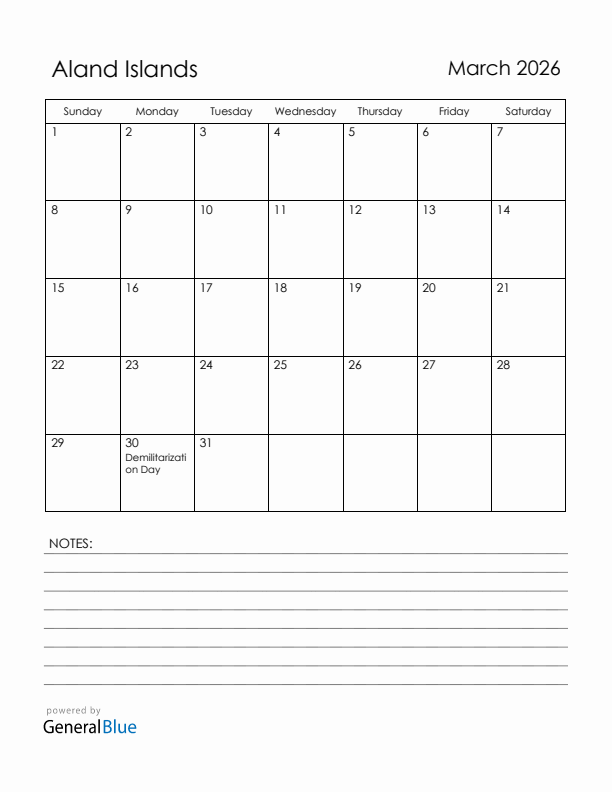 March 2026 Aland Islands Calendar with Holidays (Sunday Start)