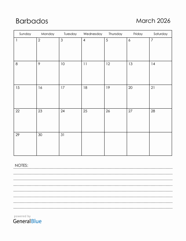 March 2026 Barbados Calendar with Holidays (Sunday Start)