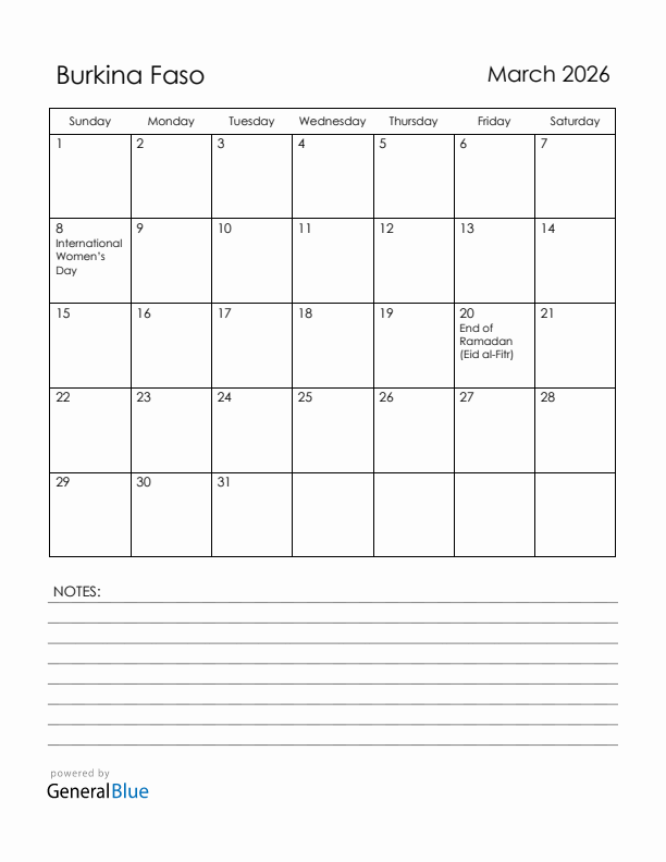 March 2026 Burkina Faso Calendar with Holidays (Sunday Start)