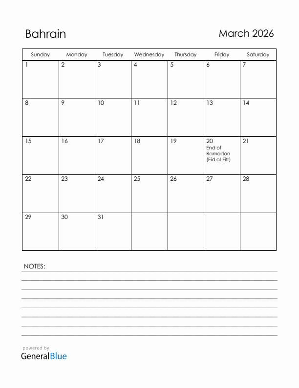 March 2026 Bahrain Calendar with Holidays (Sunday Start)