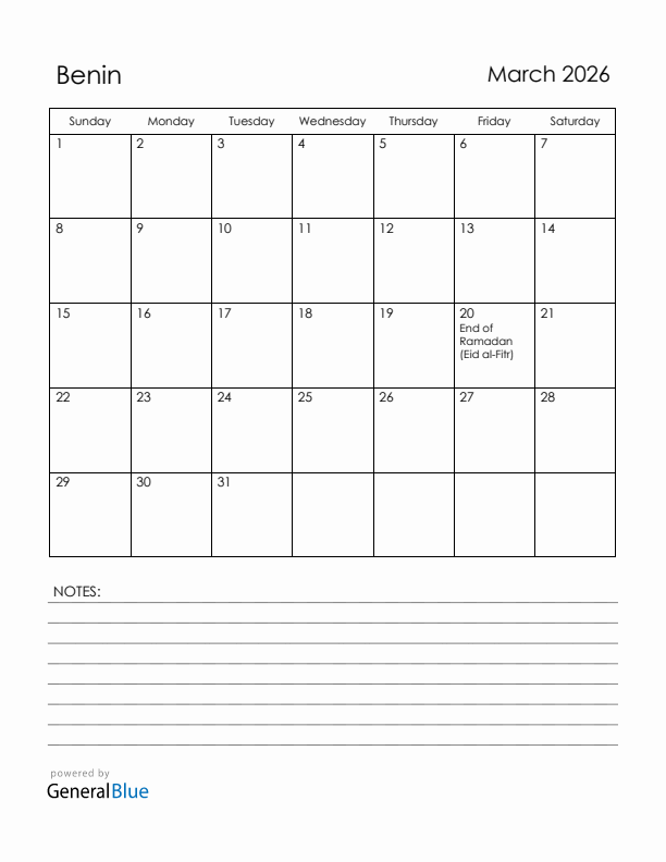 March 2026 Benin Calendar with Holidays (Sunday Start)