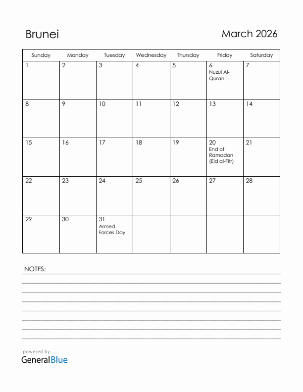 March 2026 Brunei Calendar with Holidays (Sunday Start)