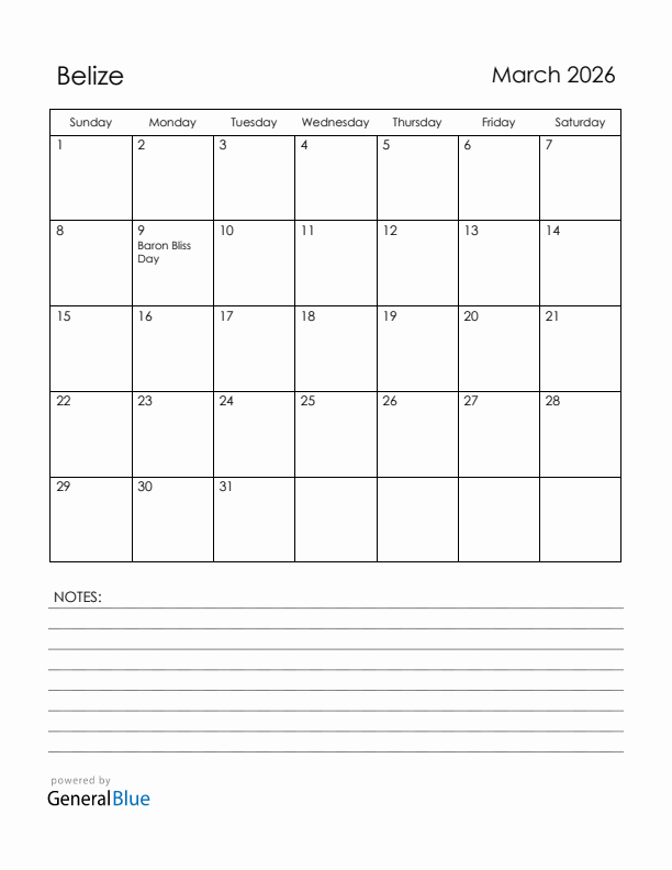 March 2026 Belize Calendar with Holidays (Sunday Start)