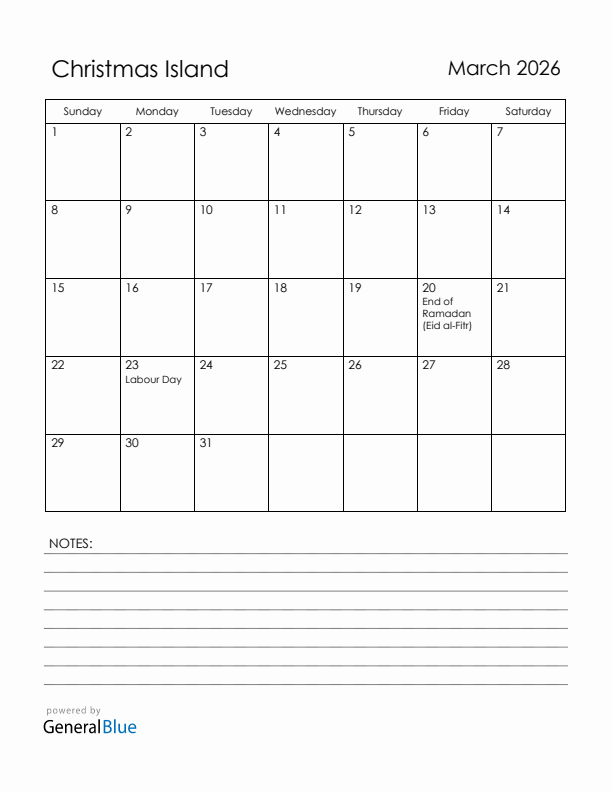 March 2026 Christmas Island Calendar with Holidays (Sunday Start)