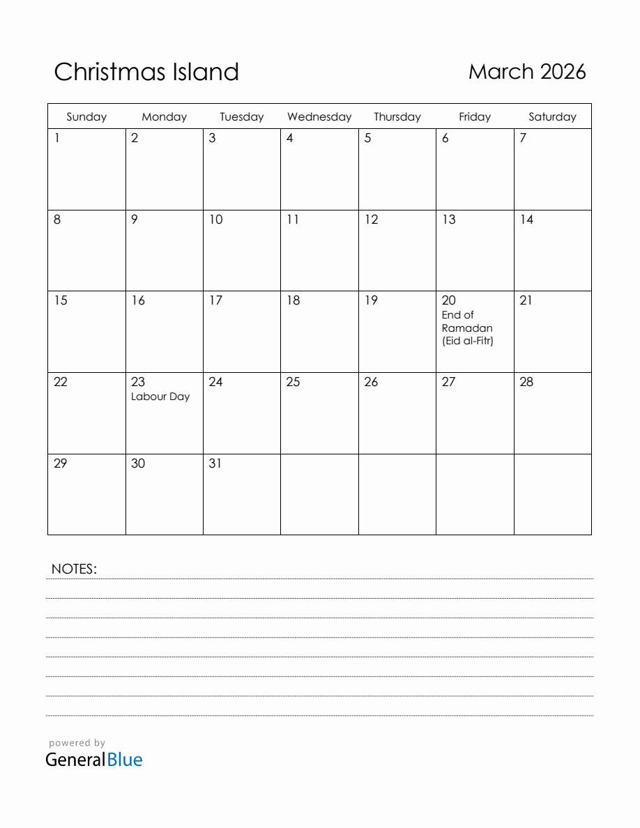March 2026 Christmas Island Calendar with Holidays