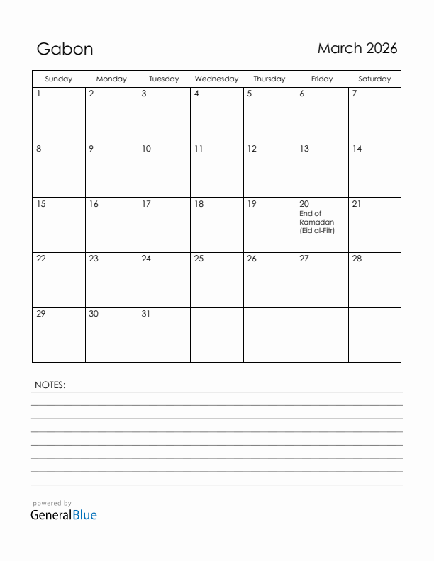 March 2026 Gabon Calendar with Holidays (Sunday Start)