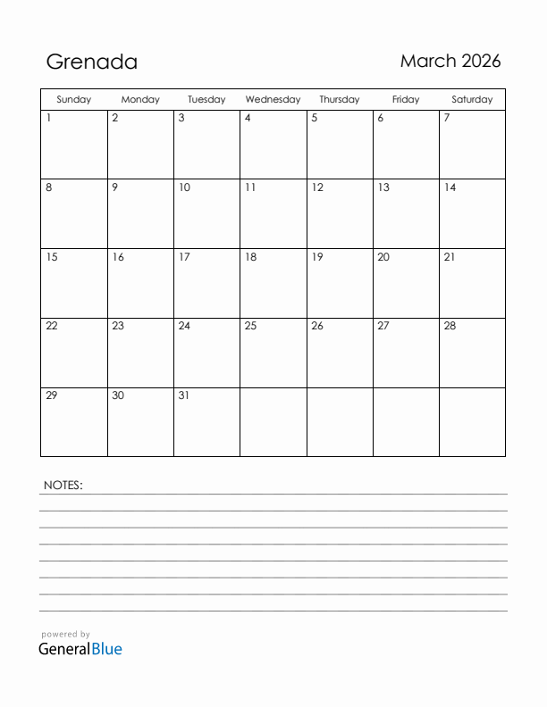 March 2026 Grenada Calendar with Holidays (Sunday Start)