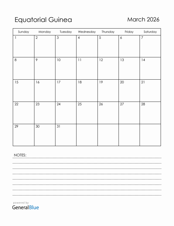 March 2026 Equatorial Guinea Calendar with Holidays (Sunday Start)