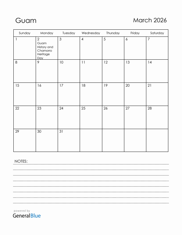 March 2026 Guam Calendar with Holidays (Sunday Start)