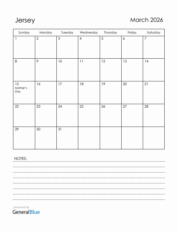 March 2026 Jersey Calendar with Holidays (Sunday Start)