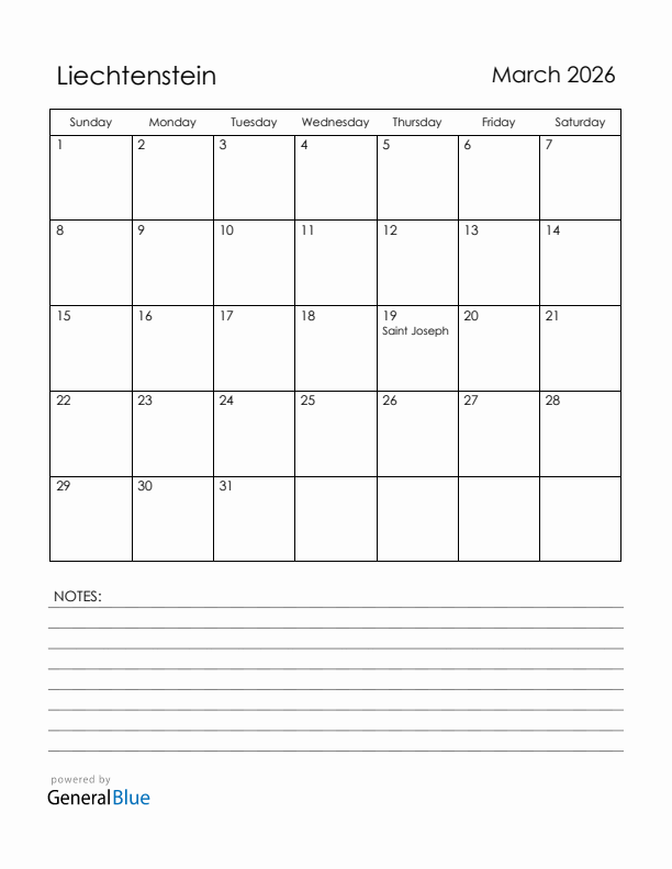 March 2026 Liechtenstein Calendar with Holidays (Sunday Start)