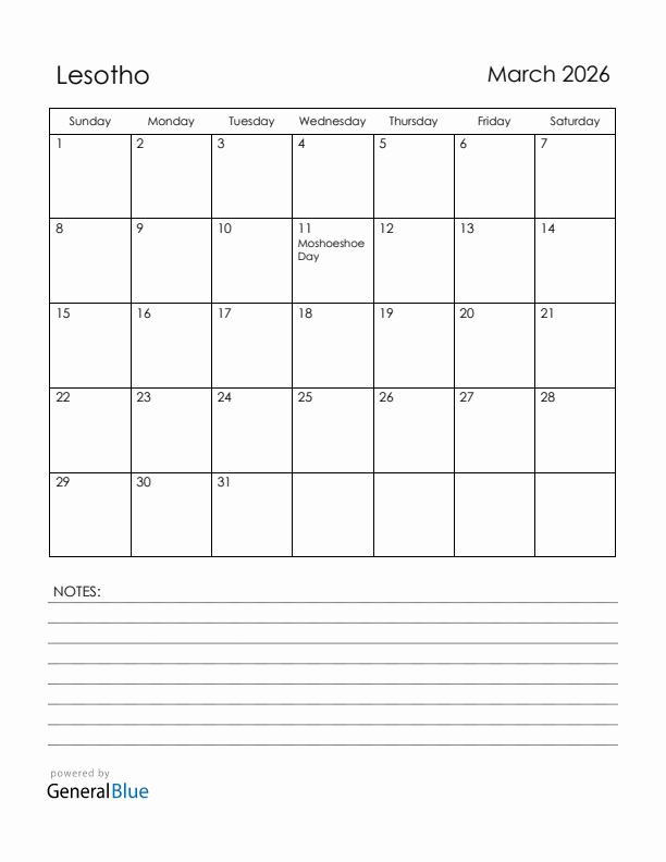 March 2026 Lesotho Calendar with Holidays (Sunday Start)