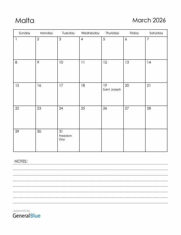 March 2026 Malta Calendar with Holidays (Sunday Start)