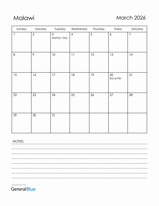 March 2026 Malawi Calendar with Holidays (Sunday Start)