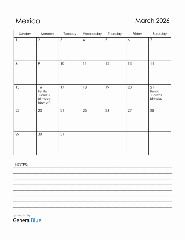 March 2026 Mexico Calendar with Holidays (Sunday Start)