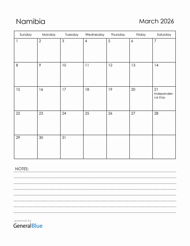 March 2026 Namibia Calendar with Holidays (Sunday Start)