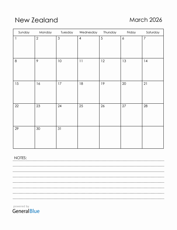 March 2026 New Zealand Calendar with Holidays (Sunday Start)
