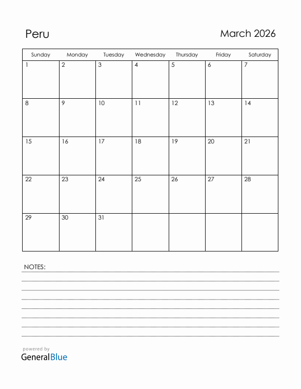 March 2026 Peru Calendar with Holidays (Sunday Start)