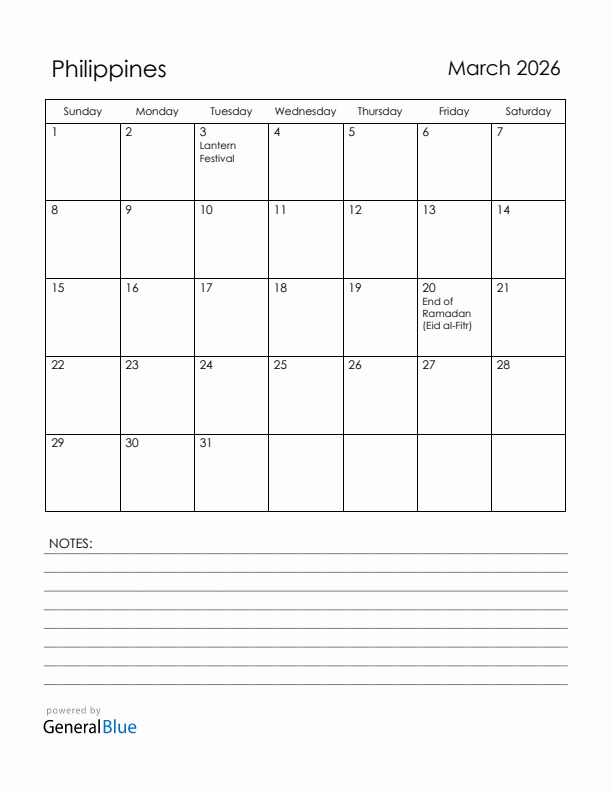 March 2026 Philippines Calendar with Holidays (Sunday Start)