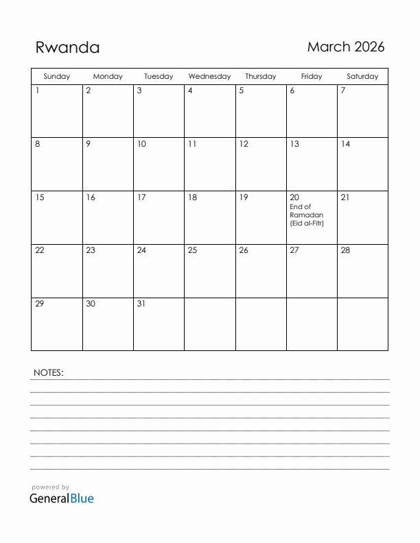 March 2026 Rwanda Calendar with Holidays (Sunday Start)