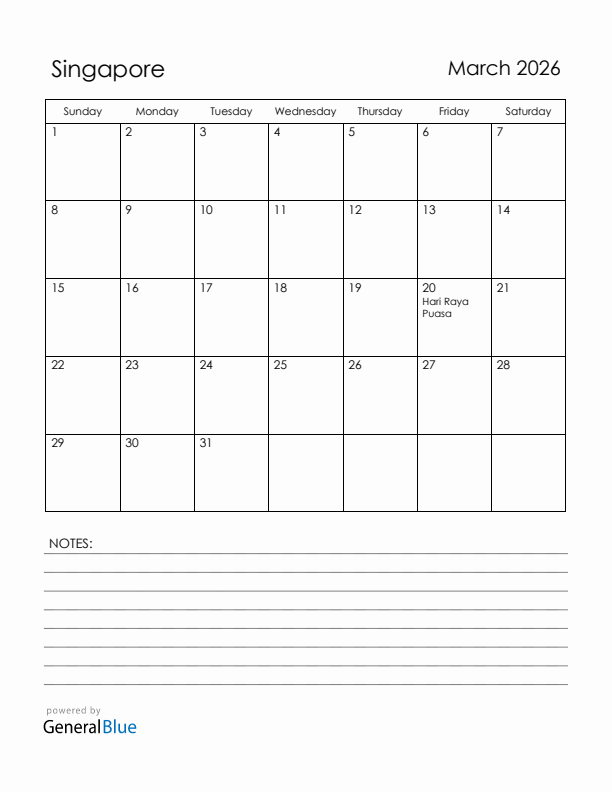 March 2026 Singapore Calendar with Holidays (Sunday Start)