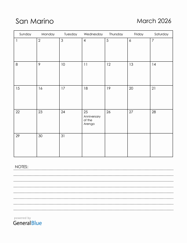 March 2026 San Marino Calendar with Holidays (Sunday Start)