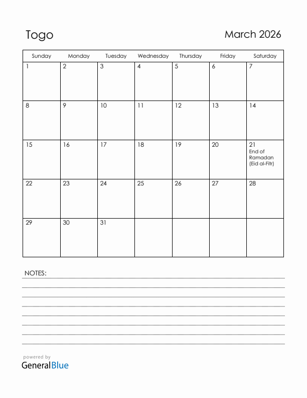 March 2026 Togo Calendar with Holidays (Sunday Start)